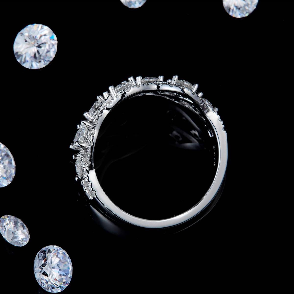 Full diamond hollowed out women's ring S925 silver plated platinum customized option Side Stone Moissanite 1.36ct