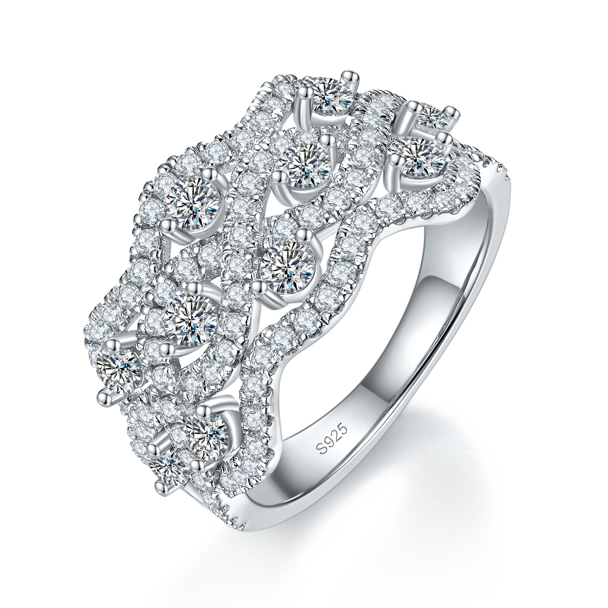 Full diamond hollowed out women's ring S925 silver plated platinum customized option Side Stone Moissanite 1.36ct
