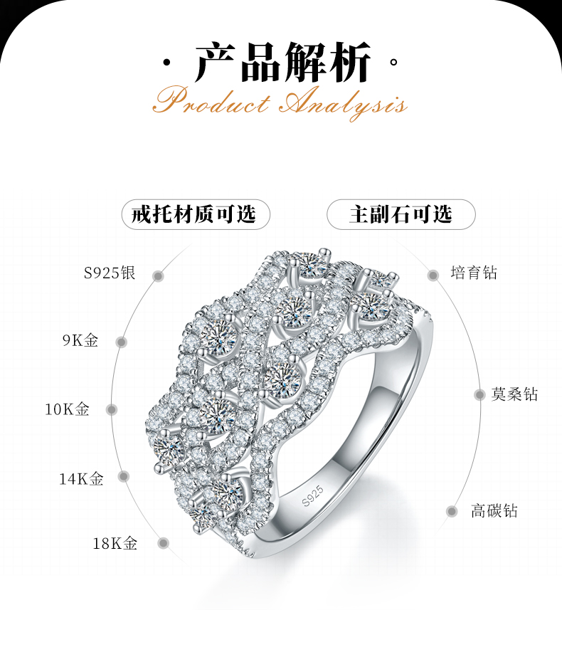 满钻镂空排戒女戒S925银镀白金定制选款副石莫桑钻1.36ct - 2