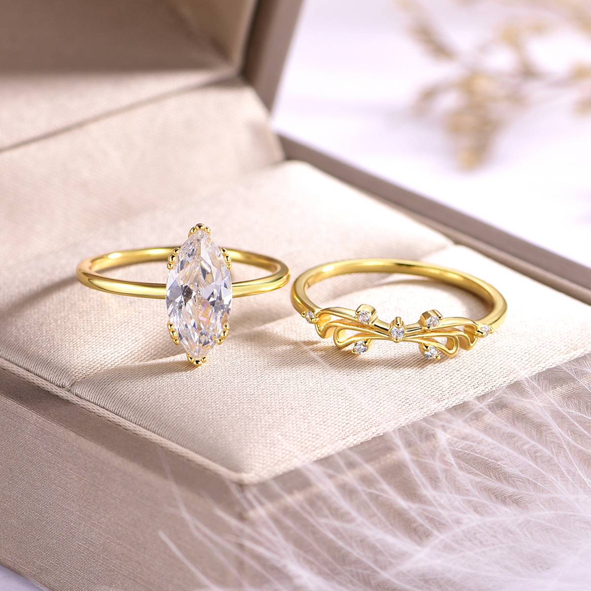 MR0108款S925银镀18K黄金马眼形莫桑钻精致套戒主石12*6mm/2.0CT