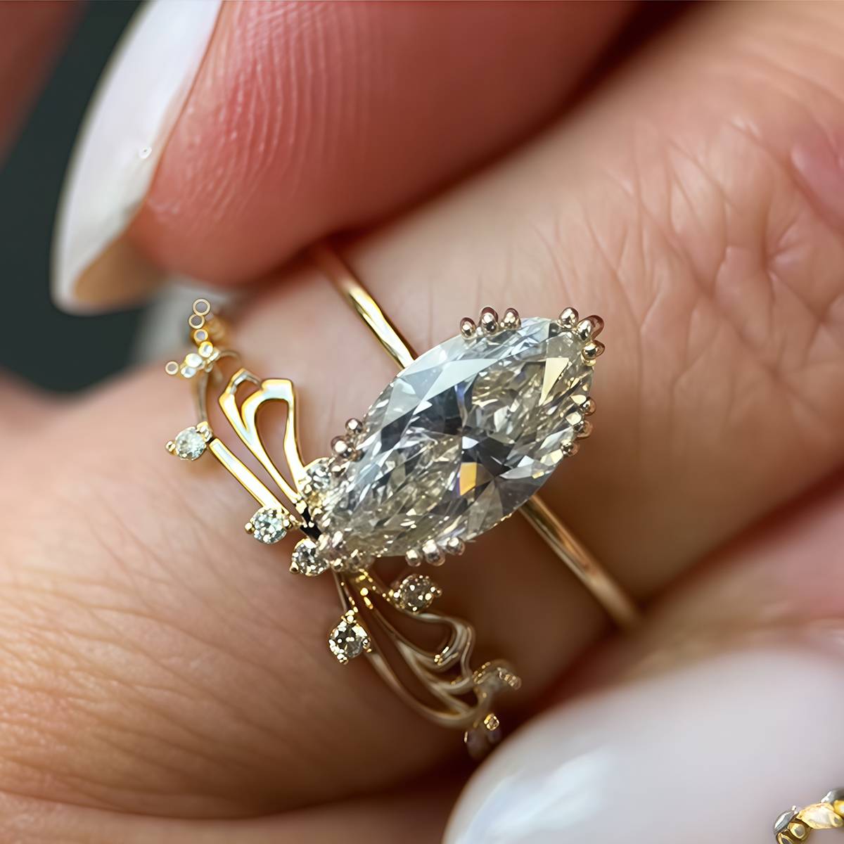 MR0108款S925银镀18K黄金马眼形莫桑钻精致套戒主石12*6mm/2.0CT