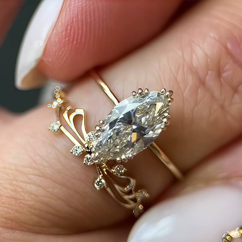 MR0108款S925银镀18K黄金马眼形莫桑钻精致套戒主石12*6mm/2.0CT