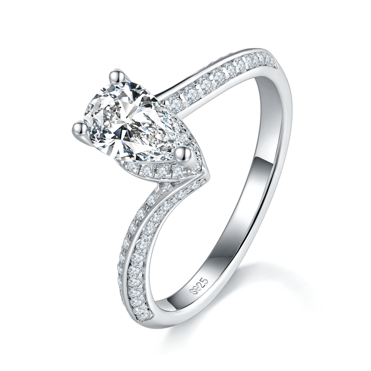 扭臂水滴钻女戒S925银镀白金定制选款主石莫桑钻1.0ct/副石高碳钻