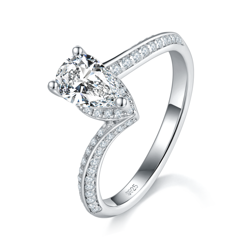扭臂水滴钻女戒S925银镀白金定制选款主石莫桑钻1.0ct/副石高碳钻