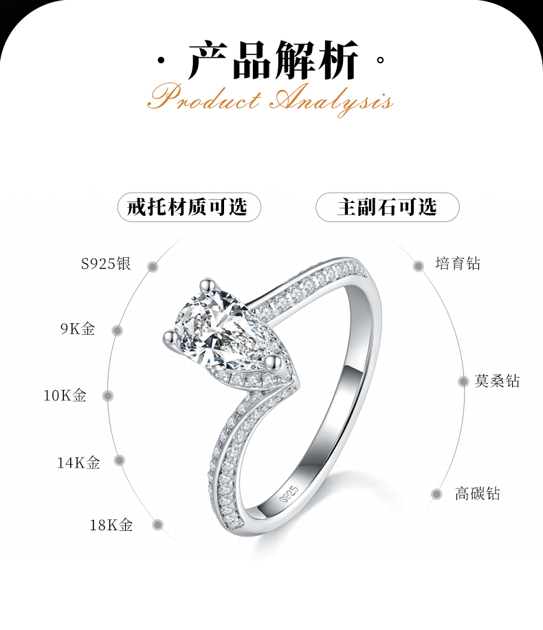 扭臂水滴钻女戒S925银镀白金定制选款主石莫桑钻1.0ct/副石高碳钻 - 2