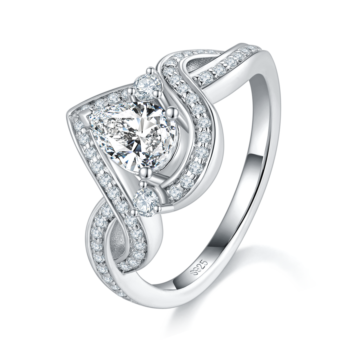扭臂包镶水滴钻女戒S925银镀白金定制选款主石莫桑钻0.8ct/副石高碳钻