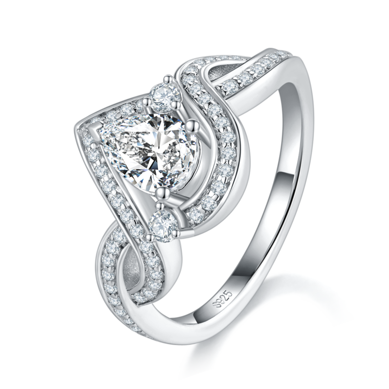 扭臂包镶水滴钻Women's RingS925银镀白金定制选款主石Moissanite0.8ct/副石高碳钻