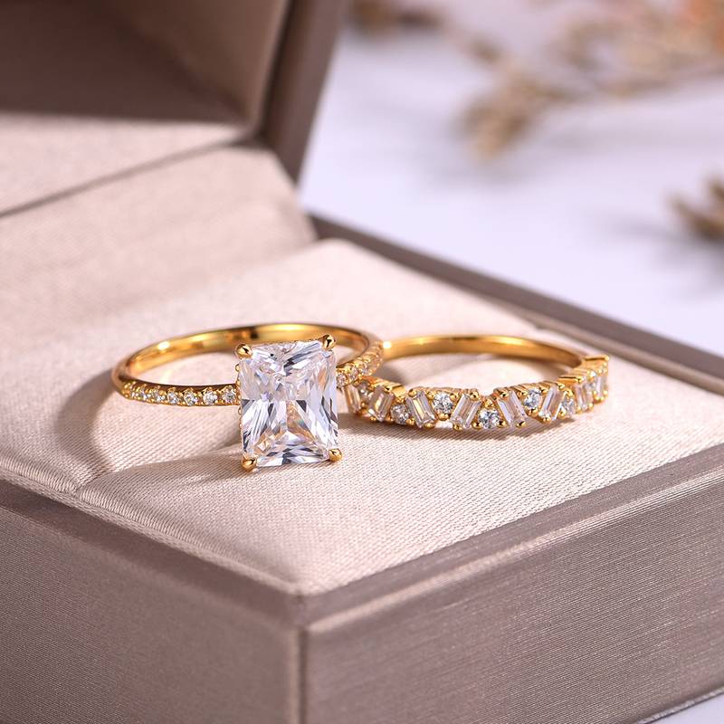 MR0131款S925银镀18K黄金祖母绿切割MoissaniteExquisite套戒主石9*7mmmm/3.0ct