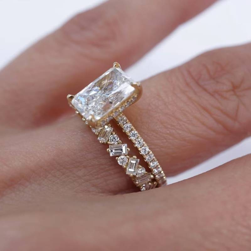 MR0131款S925银镀18K黄金祖母绿切割MoissaniteExquisite套戒主石9*7mmmm/3.0ct