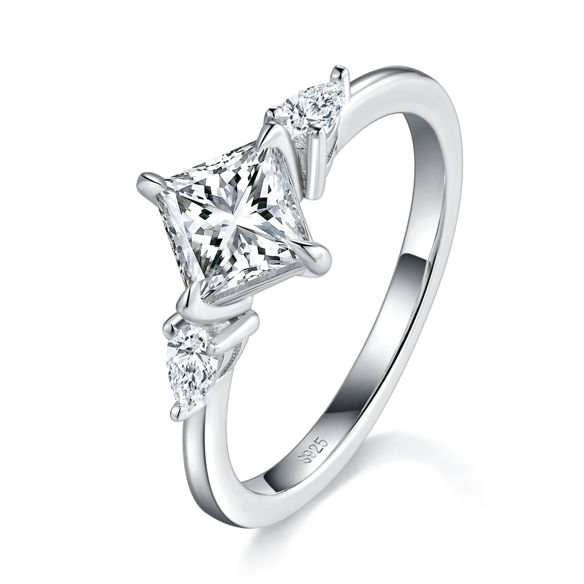 三石款公主方女戒S925银镀白金定制选款主石莫桑钻1.0ct/副石高碳钻