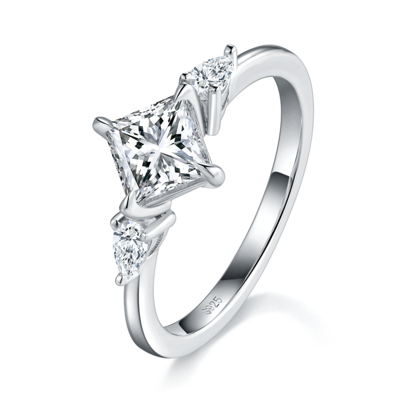 三石款公主方Women's RingS925银镀白金定制选款主石Moissanite1.0ct/副石高碳钻