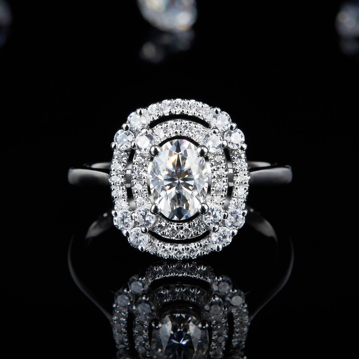 Double layer round bag Oval women's ring S925 silver plated white gold custom selection main stone Moissanite 1.0ct/Side Stone Cubic Zirconia