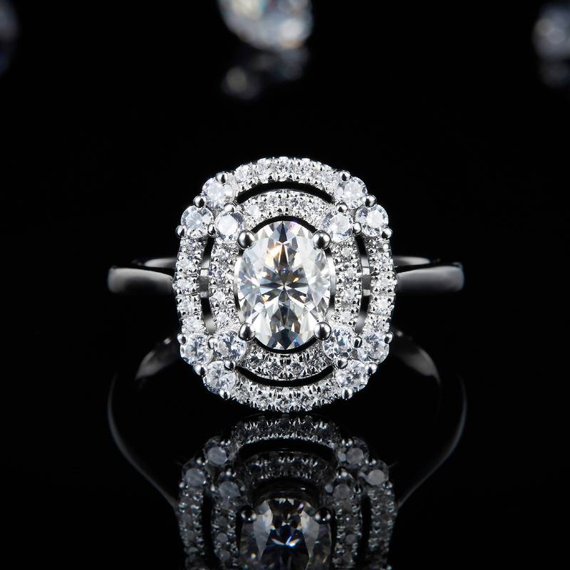 双层圆包蛋形Women's RingS925银镀白金定制选款主石Moissanite1.0ct/副石高碳钻