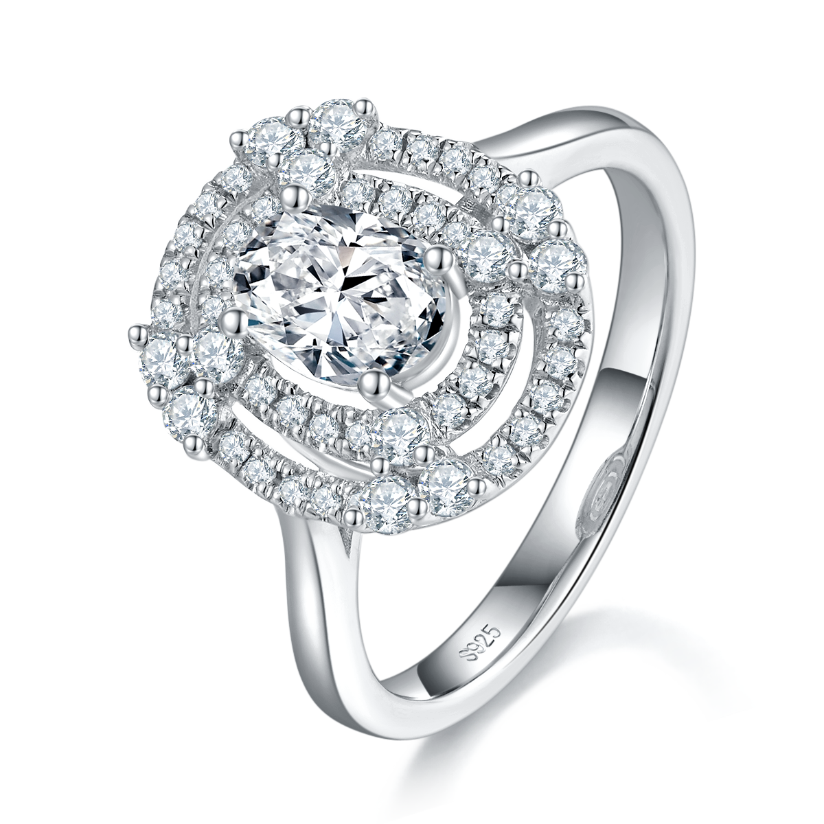 Double layer round bag Oval women's ring S925 silver plated white gold custom selection main stone Moissanite 1.0ct/Side Stone Cubic Zirconia
