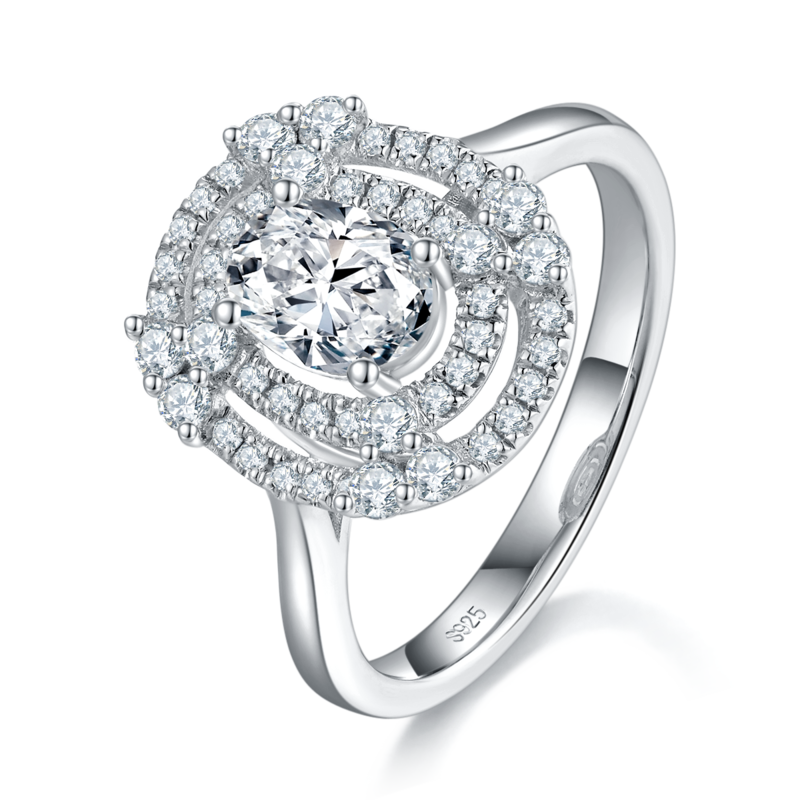双层圆包蛋形Women's RingS925银镀白金定制选款主石Moissanite1.0ct/副石高碳钻