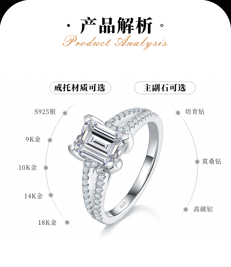 祖母切女戒S925银镀白金定制选款主石莫桑钻2.0ct/副石高碳钻 - 2