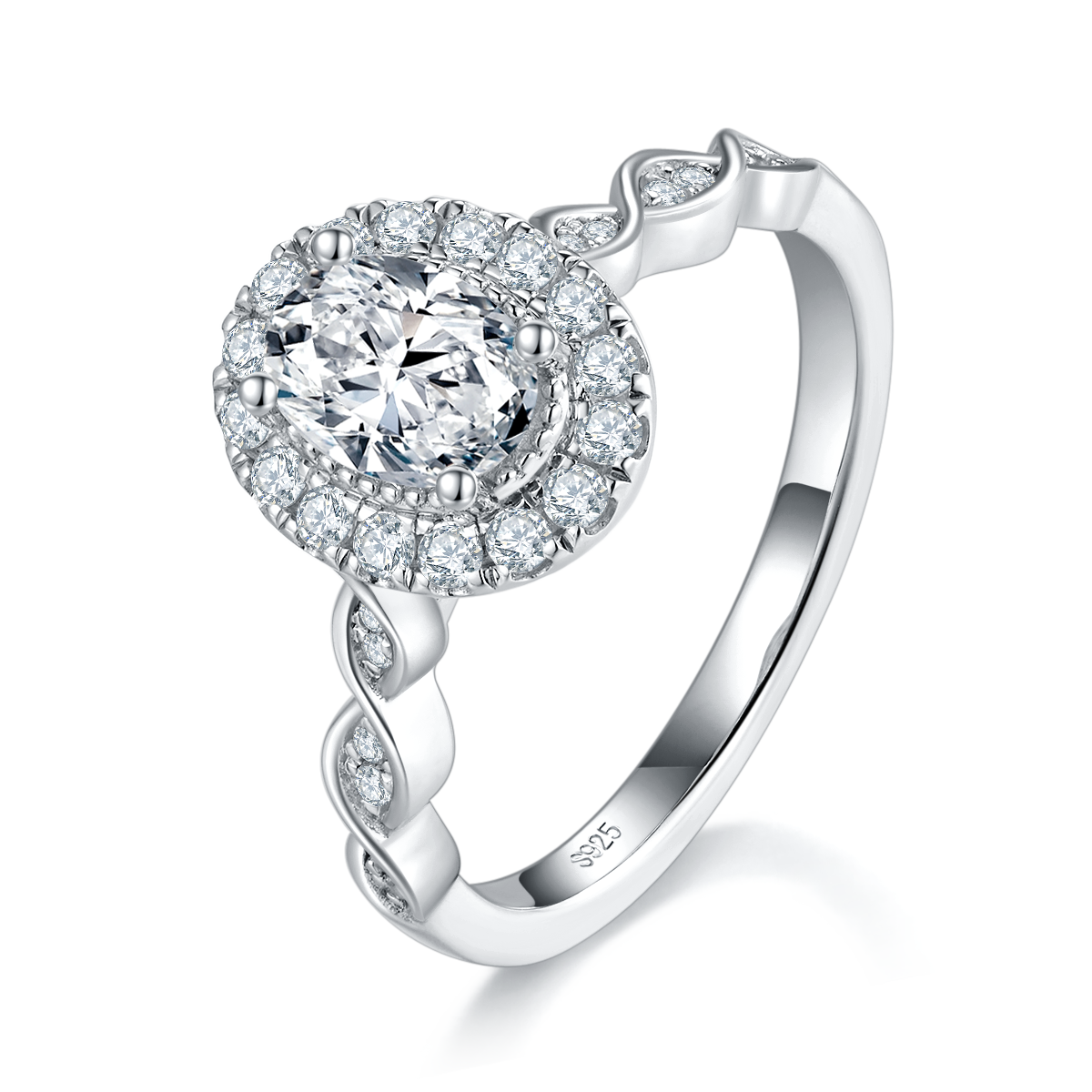 蛋形女戒S925银镀白金定制选款主石莫桑钻1.0ct/副石高碳钻