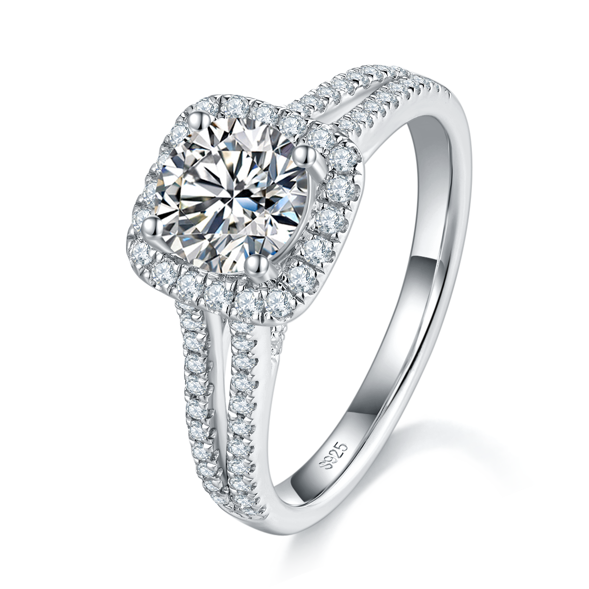 Double arm square wrapped round diamond women's ring S925 silver plated platinum custom selection main stone Moissanite 1.0ct/Side Stone Cubic Zirconia