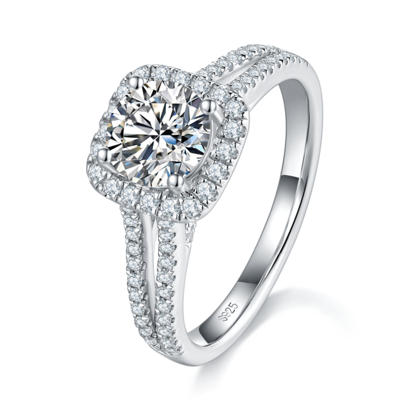 双臂方包圆钻Women's RingS925银镀白金定制选款主石Moissanite1.0ct/副石高碳钻