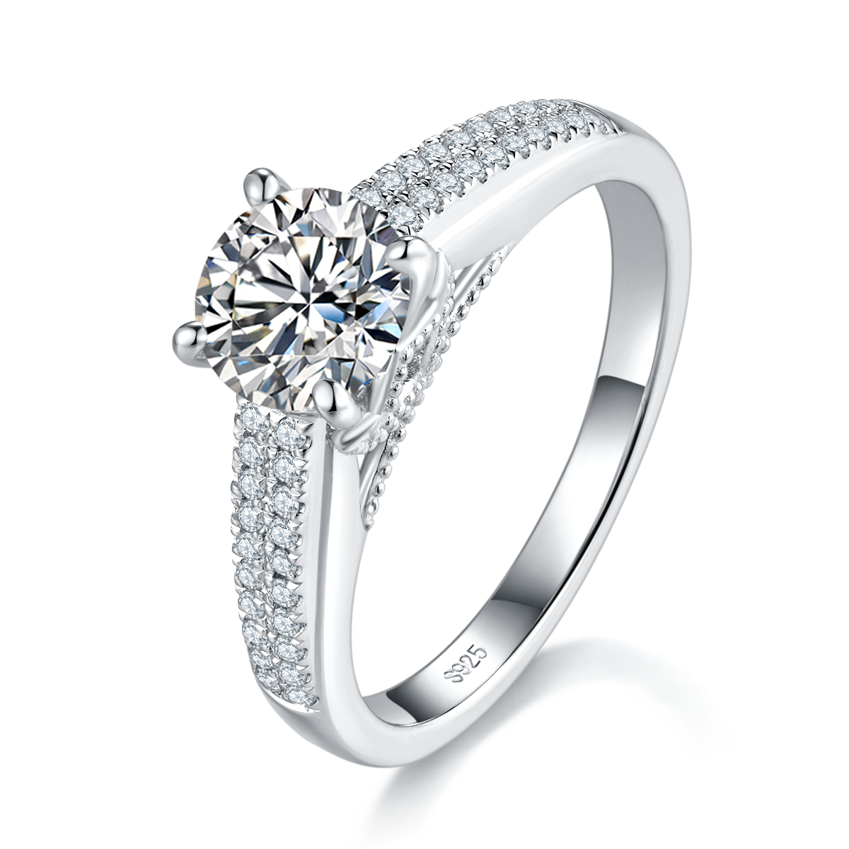 Light Luxury Full Diamond Four Claw Round Diamond Women's Ring S925 Silver Plated Platinum Customized Selection Main Stone Moissanite 1.0ct/Side Stone Cubic Zirconia