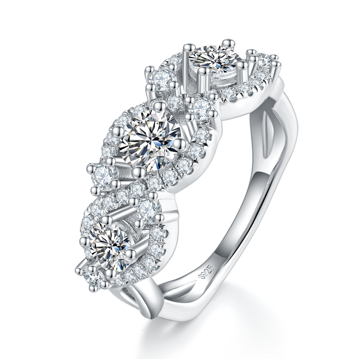 Three Stone Round Bag Women's Ring S925 Silver Plated Platinum Customized Selection Main Stone Moissanite 1.5ct/Side Stone Cubic Zirconia