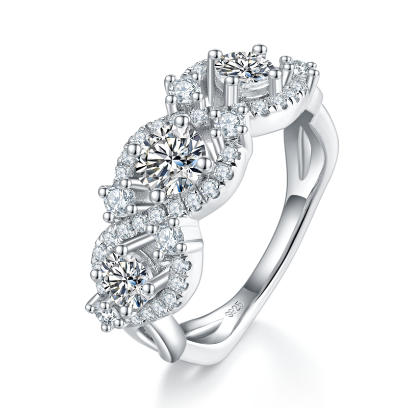 三石款圆包Women's RingS925银镀白金定制选款主石Moissanite1.5ct/副石高碳钻
