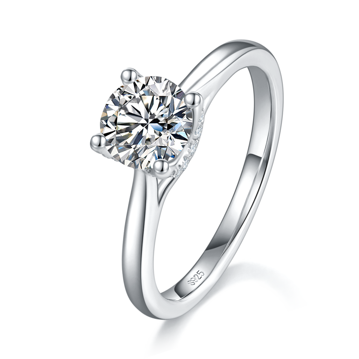 光臂四爪女戒S925银镀白金定制选款主石莫桑钻1.0ct/副石高碳钻