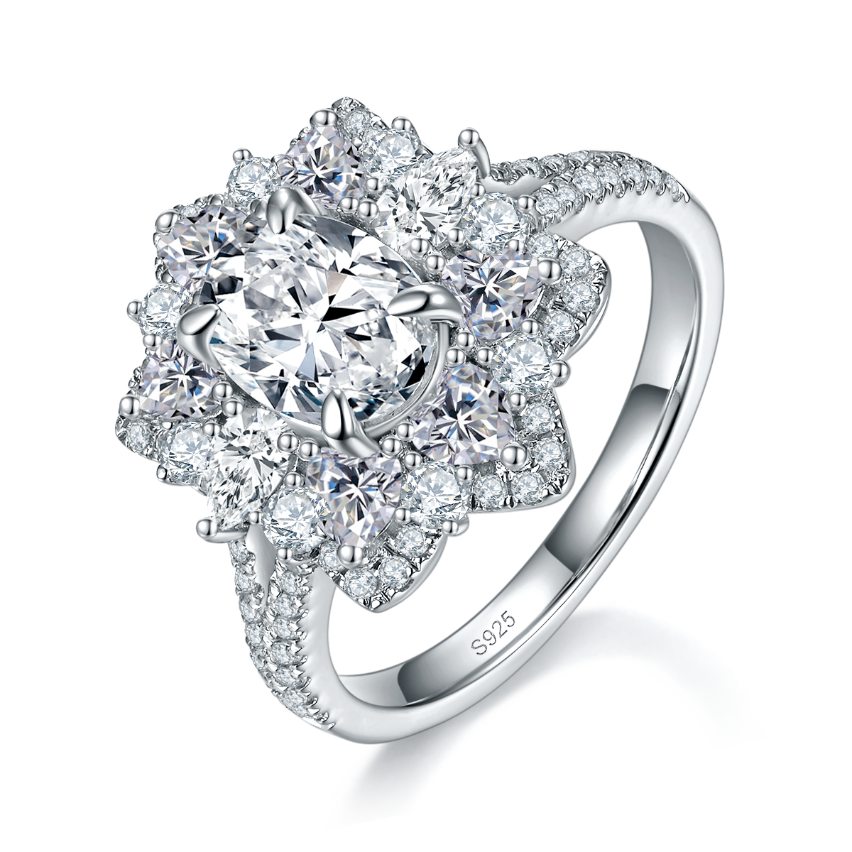 群镶大花朵蛋形女戒S925银镀白金定制选款主石莫桑钻1.5ct/副石高碳钻