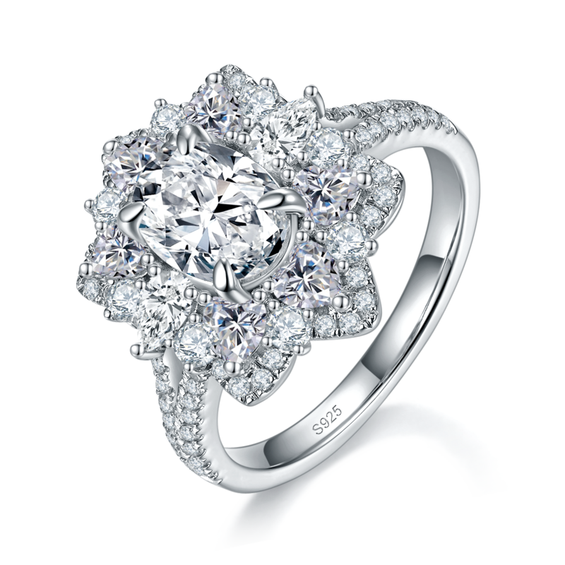 群镶大花朵蛋形女戒S925银镀白金定制选款主石莫桑钻1.5ct/副石高碳钻