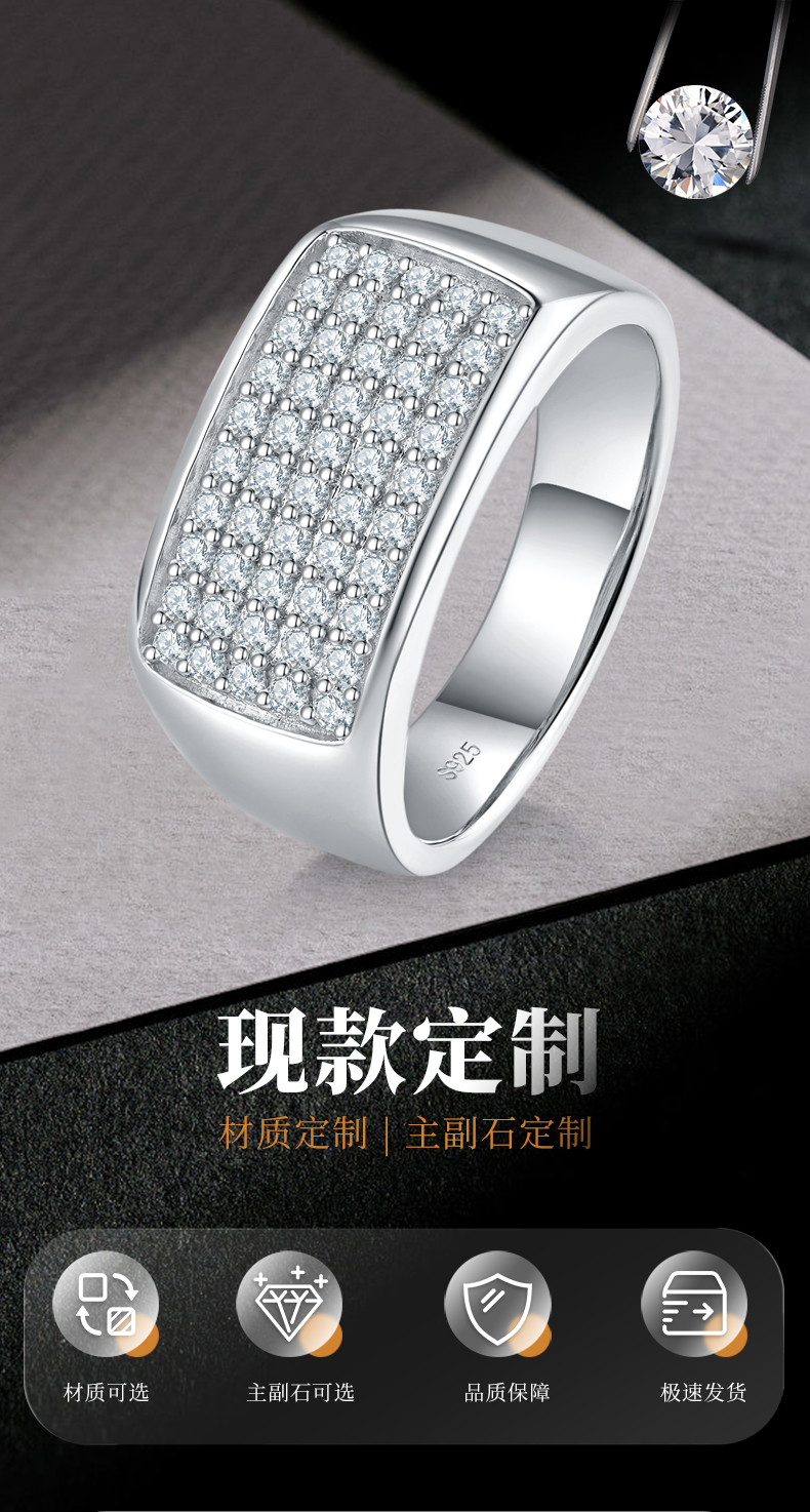 轻奢密镶霸气男戒S925银镀白金定制选款副石莫桑钻0.75ct - 1