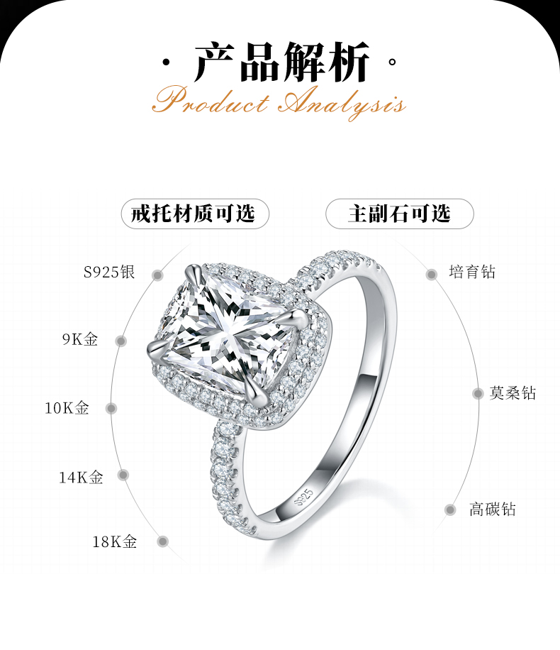 枕形方包求婚女戒S925银镀白金定制选款主石莫桑钻3.0ct/副石高碳钻 - 2