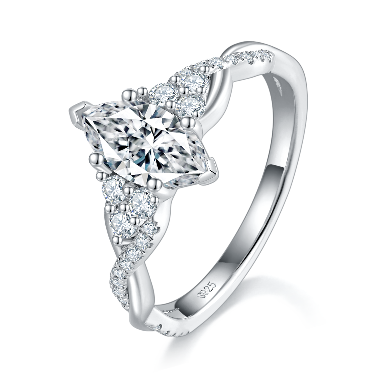 扭臂微镶马眼钻女戒S925银镀白金定制选款主石莫桑钻1.0ct/副石高碳钻