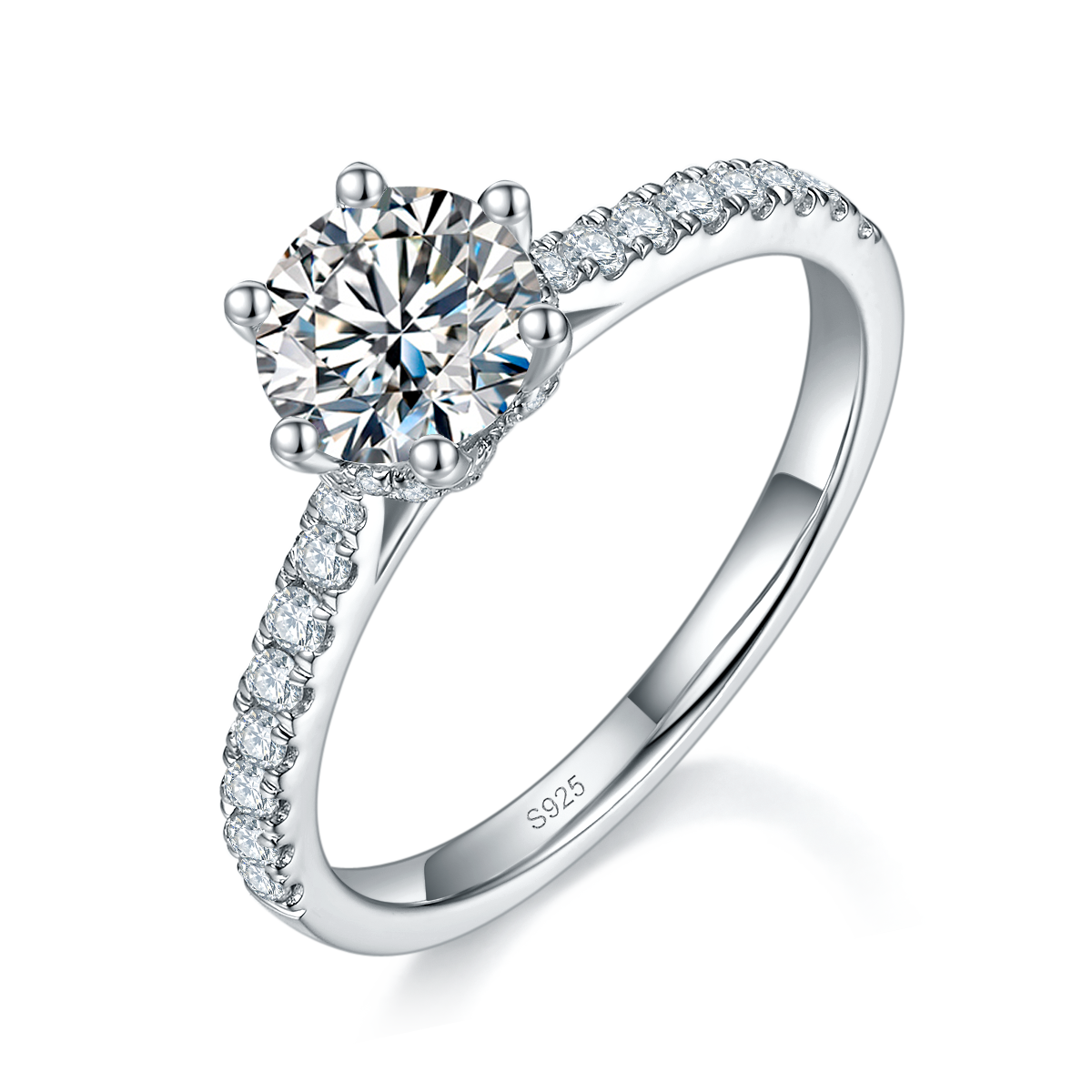 星光六爪优雅女戒S925银镀白金定制选款主石莫桑钻1.0ct/副石高碳钻