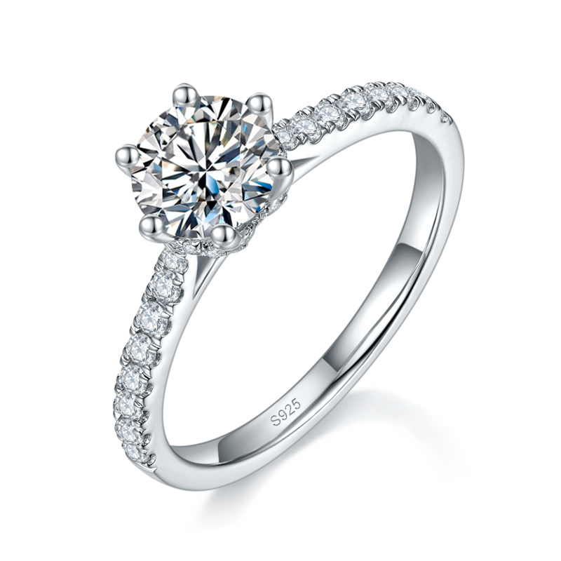 星光六爪优雅Women's RingS925银镀白金定制选款主石Moissanite1.0ct/副石高碳钻