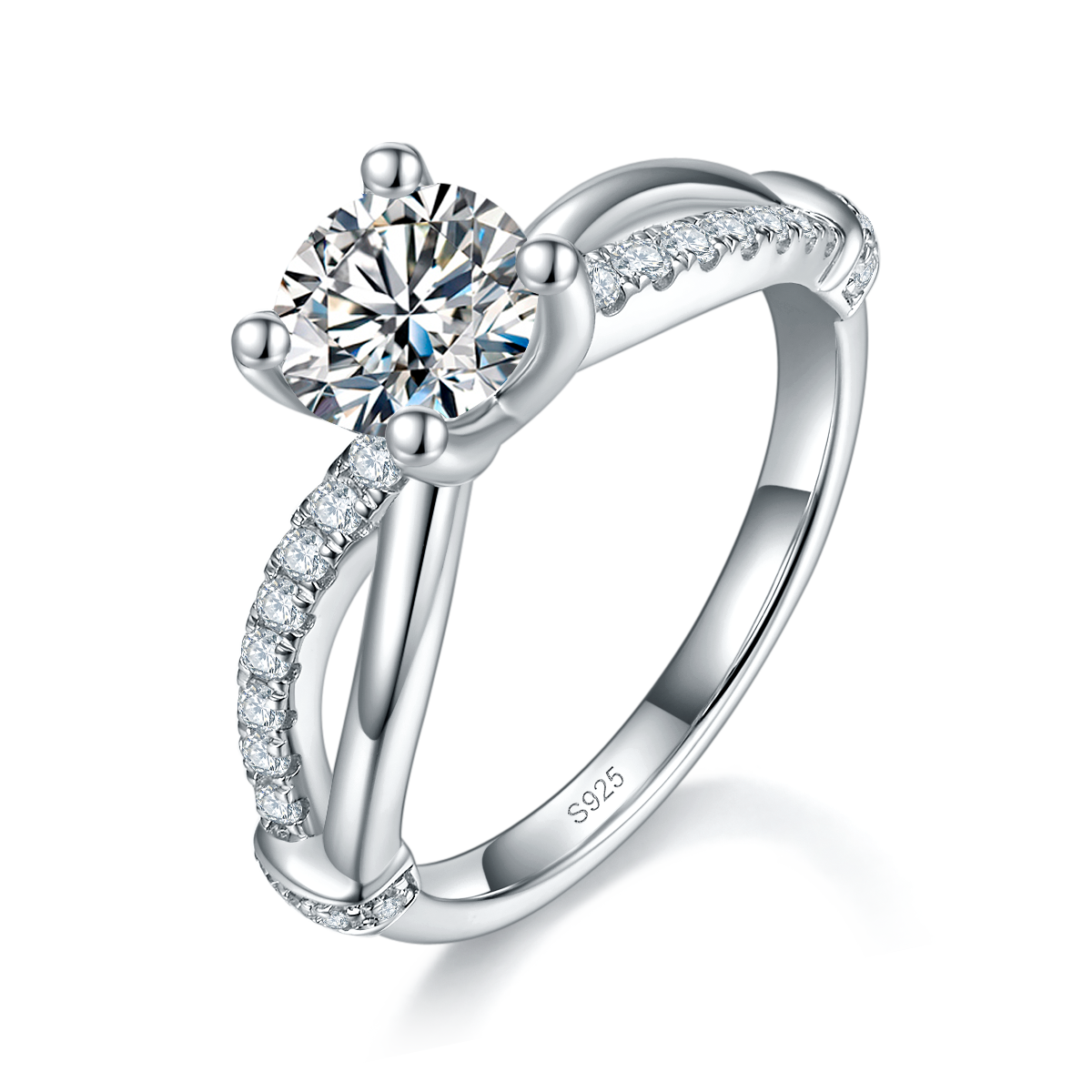 扭臂微镶四爪女戒S925银镀白金定制选款主石莫桑钻1.0ct/副石高碳钻