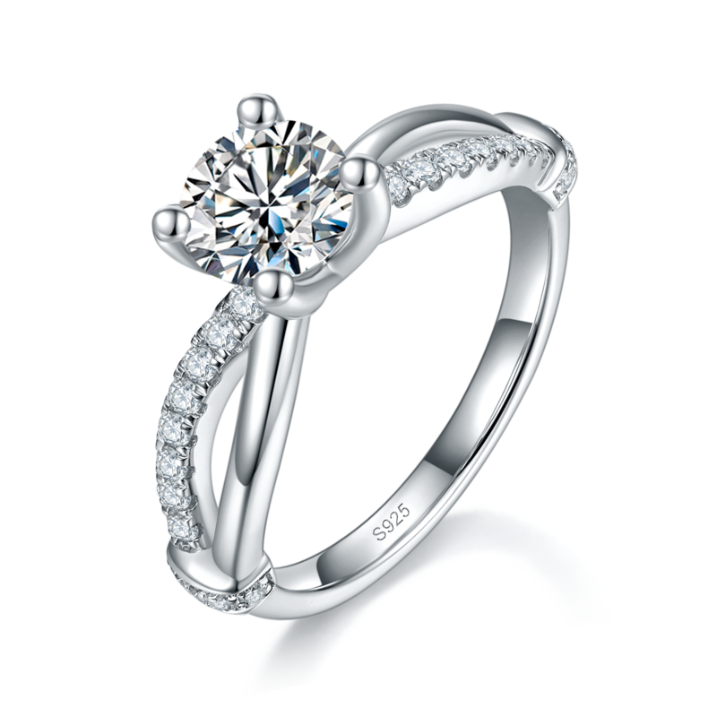 扭臂微镶四爪Women's RingS925银镀白金定制选款主石Moissanite1.0ct/副石高碳钻