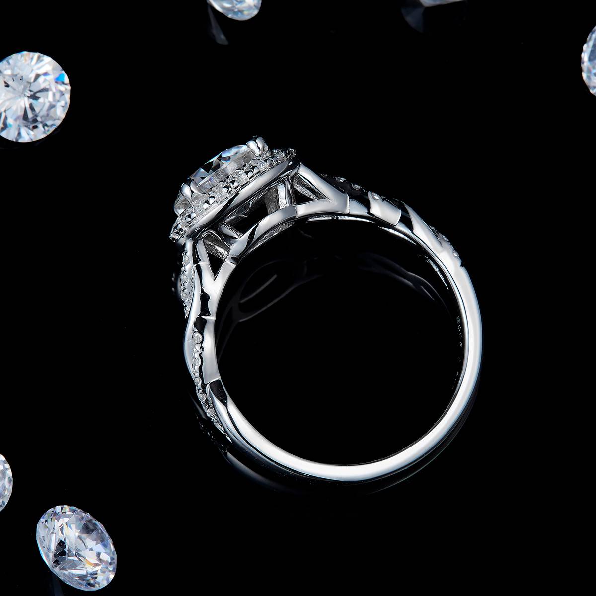 Twisted Arm Micro Inlaid Round Bag Women's Ring S925 Silver Plated Platinum Customized Selection Main Stone Moissanite 1.5ct/Side Stone Cubic Zirconia