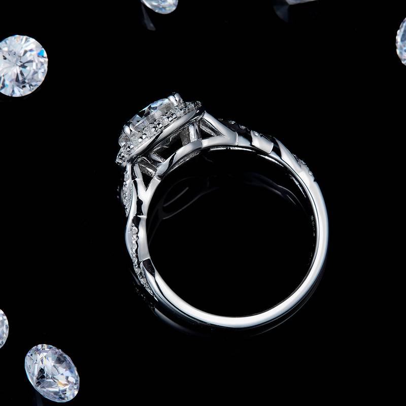 扭臂微镶圆包Women's RingS925银镀白金定制选款主石Moissanite1.5ct/副石高碳钻