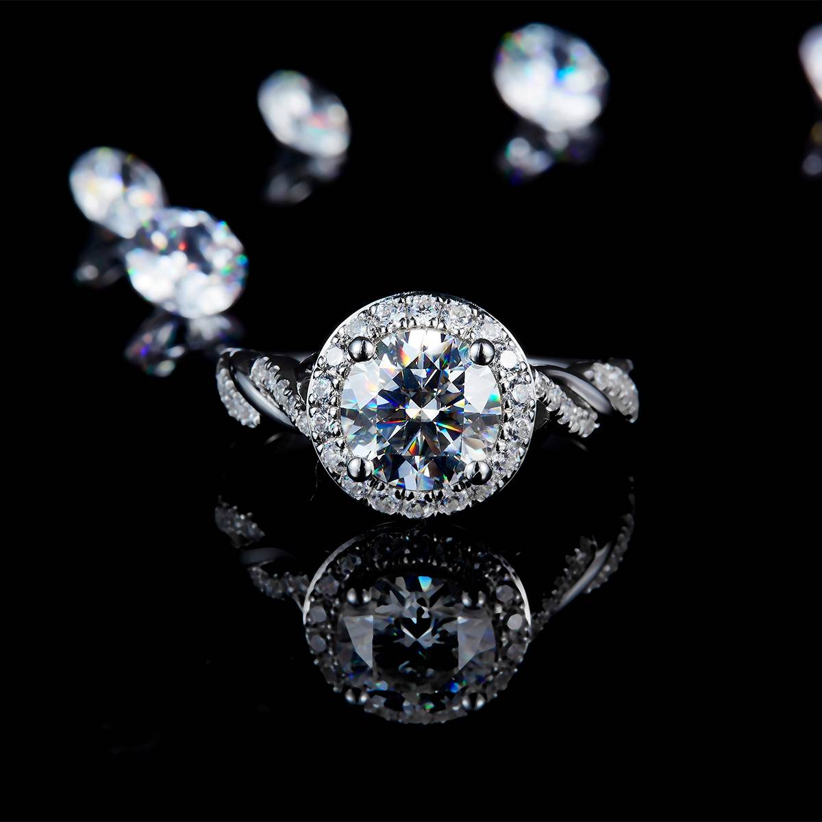 Twisted Arm Micro Inlaid Round Bag Women's Ring S925 Silver Plated Platinum Customized Selection Main Stone Moissanite 1.5ct/Side Stone Cubic Zirconia