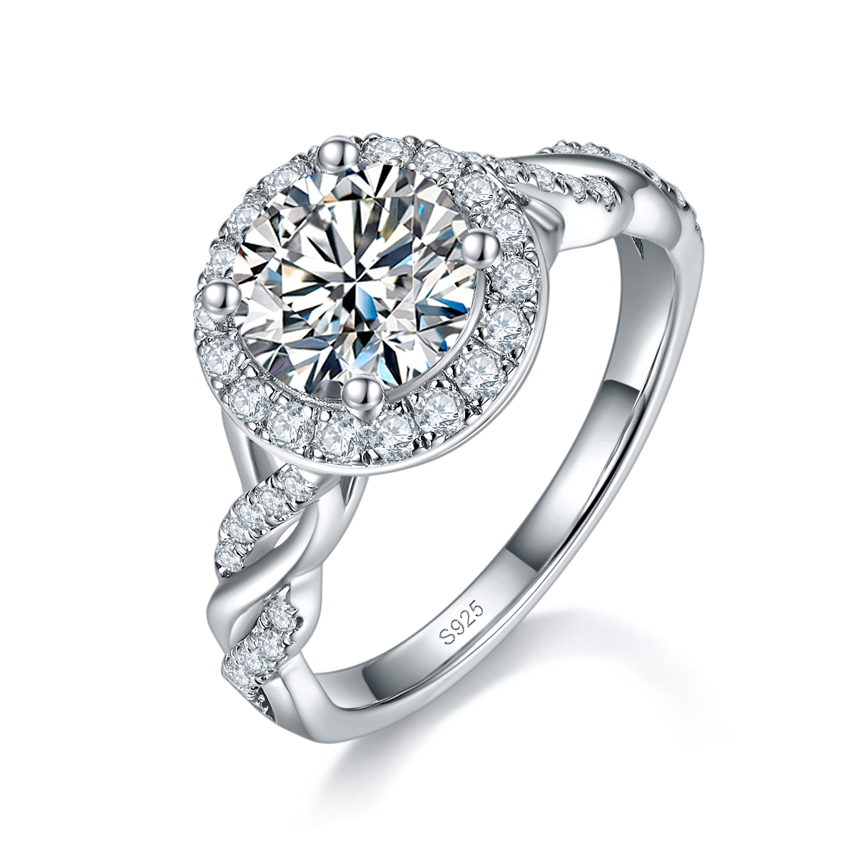Twisted Arm Micro Inlaid Round Bag Women's Ring S925 Silver Plated Platinum Customized Selection Main Stone Moissanite 1.5ct/Side Stone Cubic Zirconia