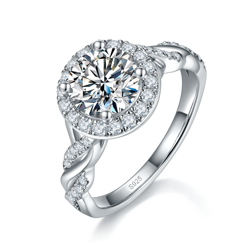 扭臂微镶圆包Women's RingS925银镀白金定制选款主石Moissanite1.5ct/副石高碳钻