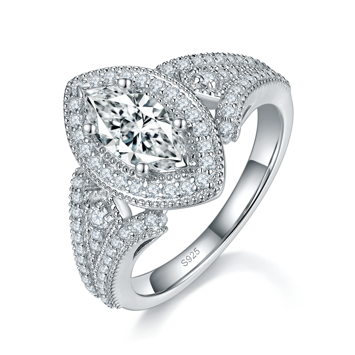 Light luxury European and American style women's ring S925 silver plated white gold customized selection main stone Moissanite 1.0ct/Side Stone Cubic Zirconia