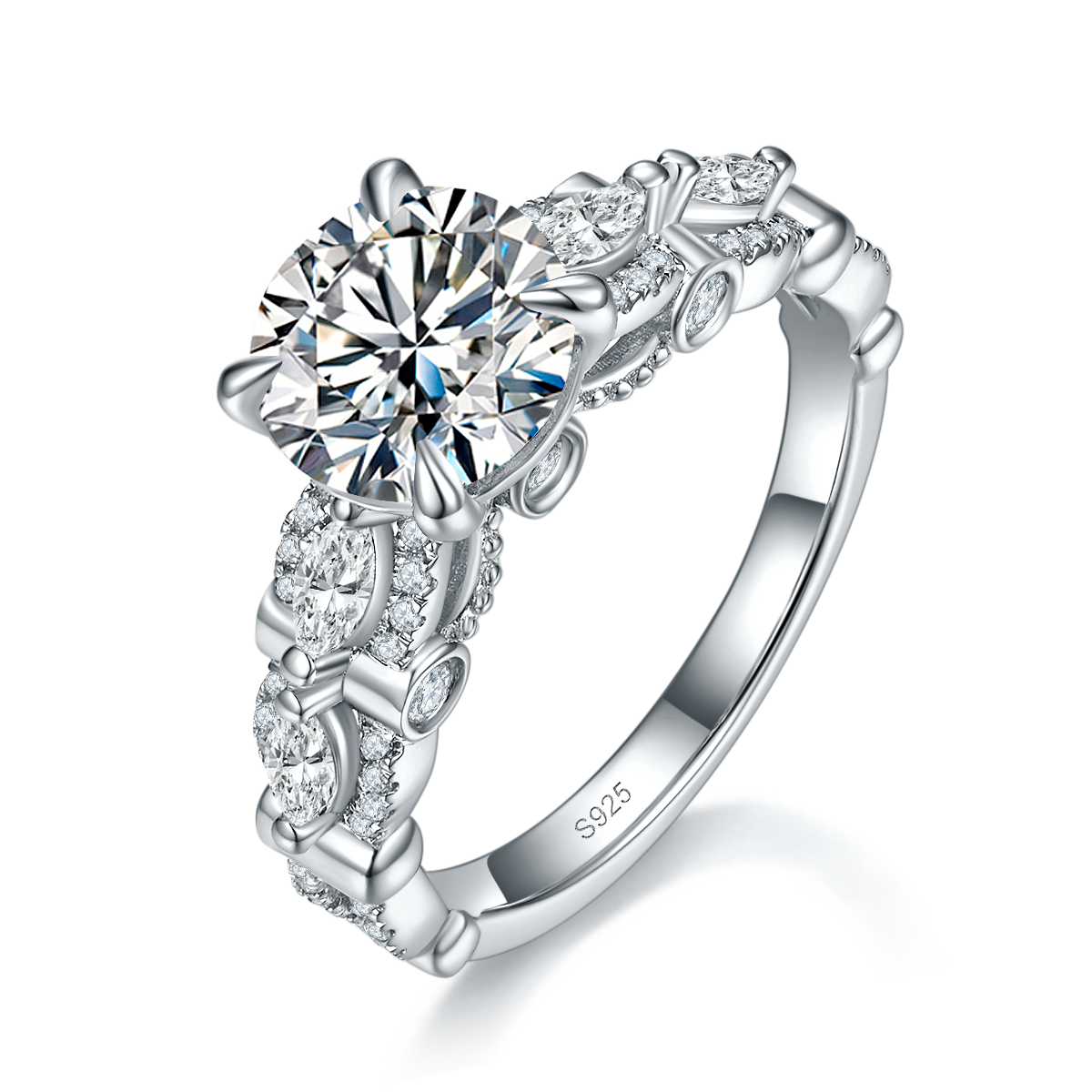 Light luxury and high-end four claw women's ring S925 silver plated white gold customized selection main stone Moissanite 2.0ct/Side Stone Cubic Zirconia