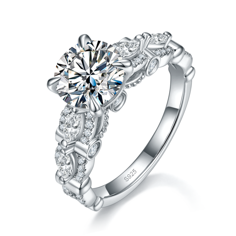 Affordable Luxury高级感四爪Women's RingS925银镀白金定制选款主石Moissanite2.0ct/副石高碳钻