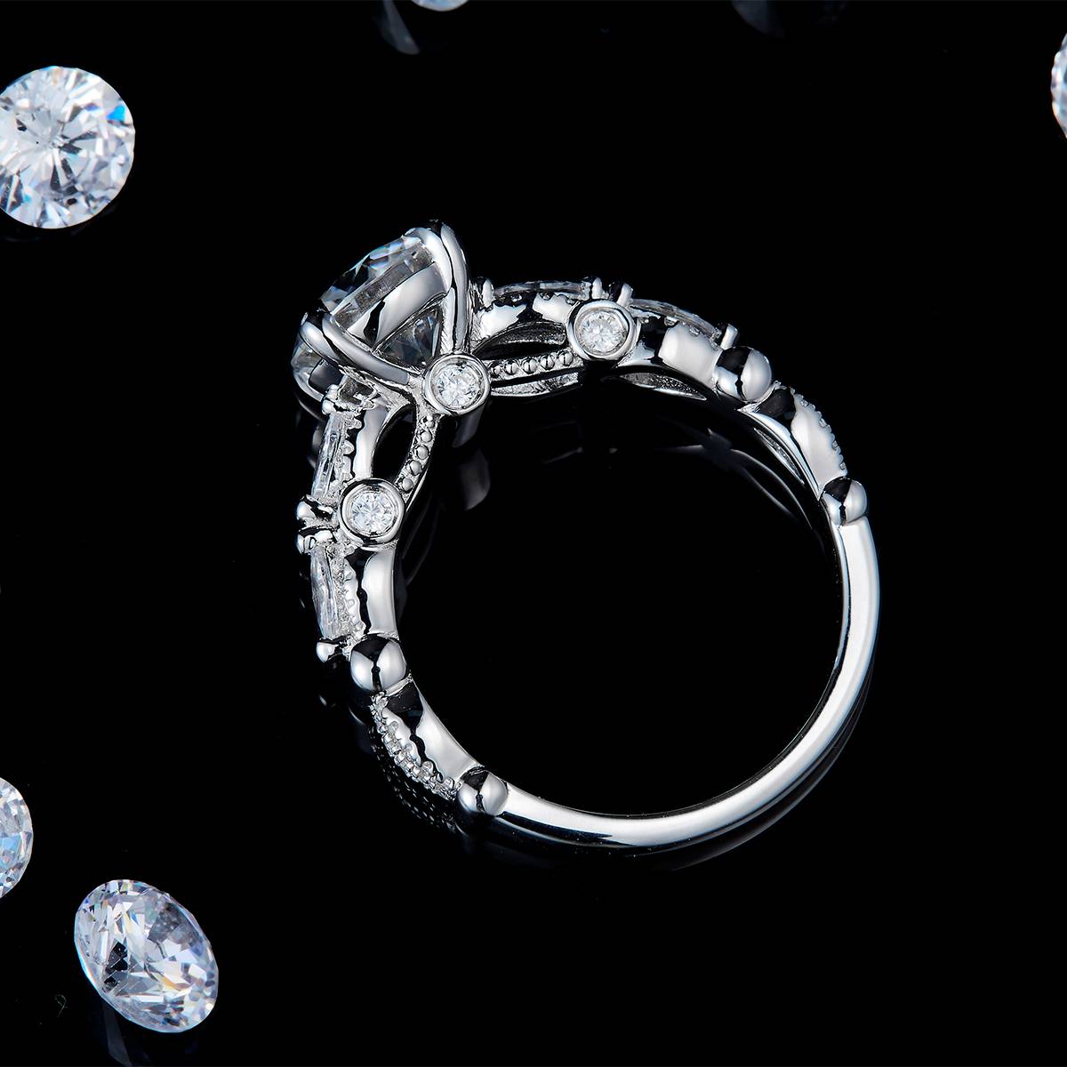 Light luxury and high-end four claw women's ring S925 silver plated white gold customized selection main stone Moissanite 2.0ct/Side Stone Cubic Zirconia
