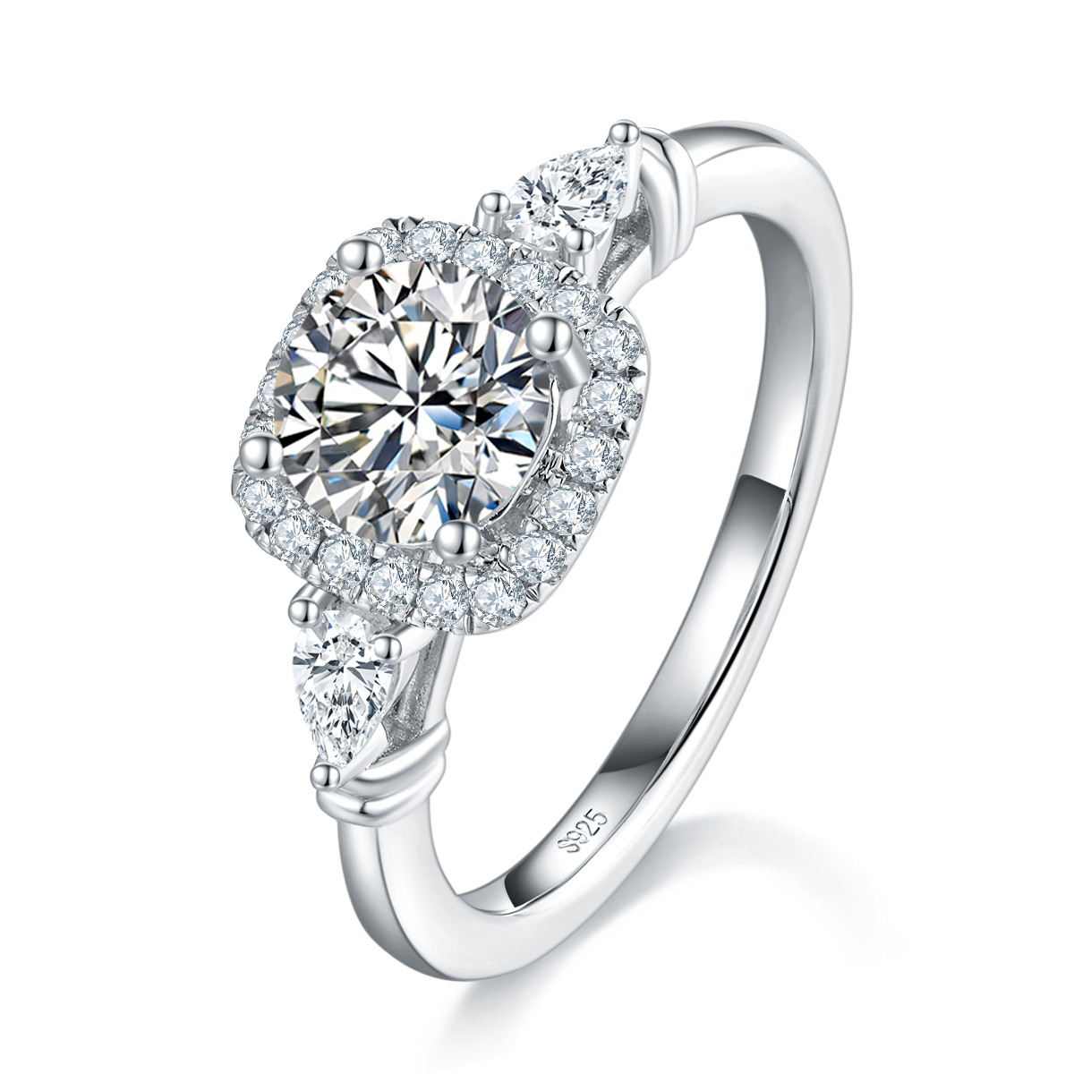 三石款方包女戒S925银镀白金定制选款主石莫桑钻1.0ct/副石高碳钻