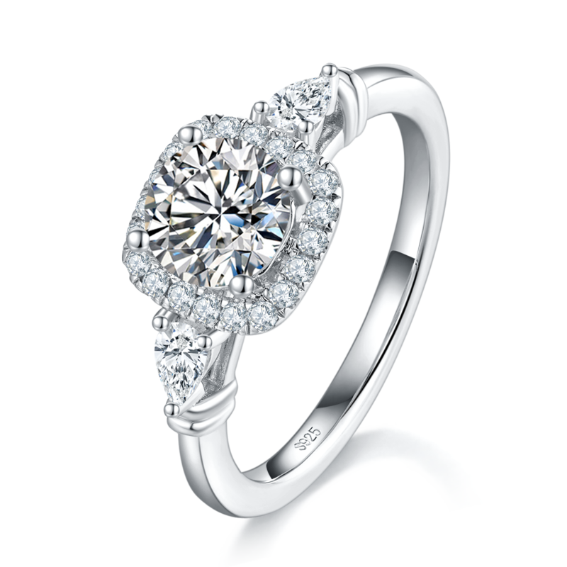 三石款方包Women's RingS925银镀白金定制选款主石Moissanite1.0ct/副石高碳钻