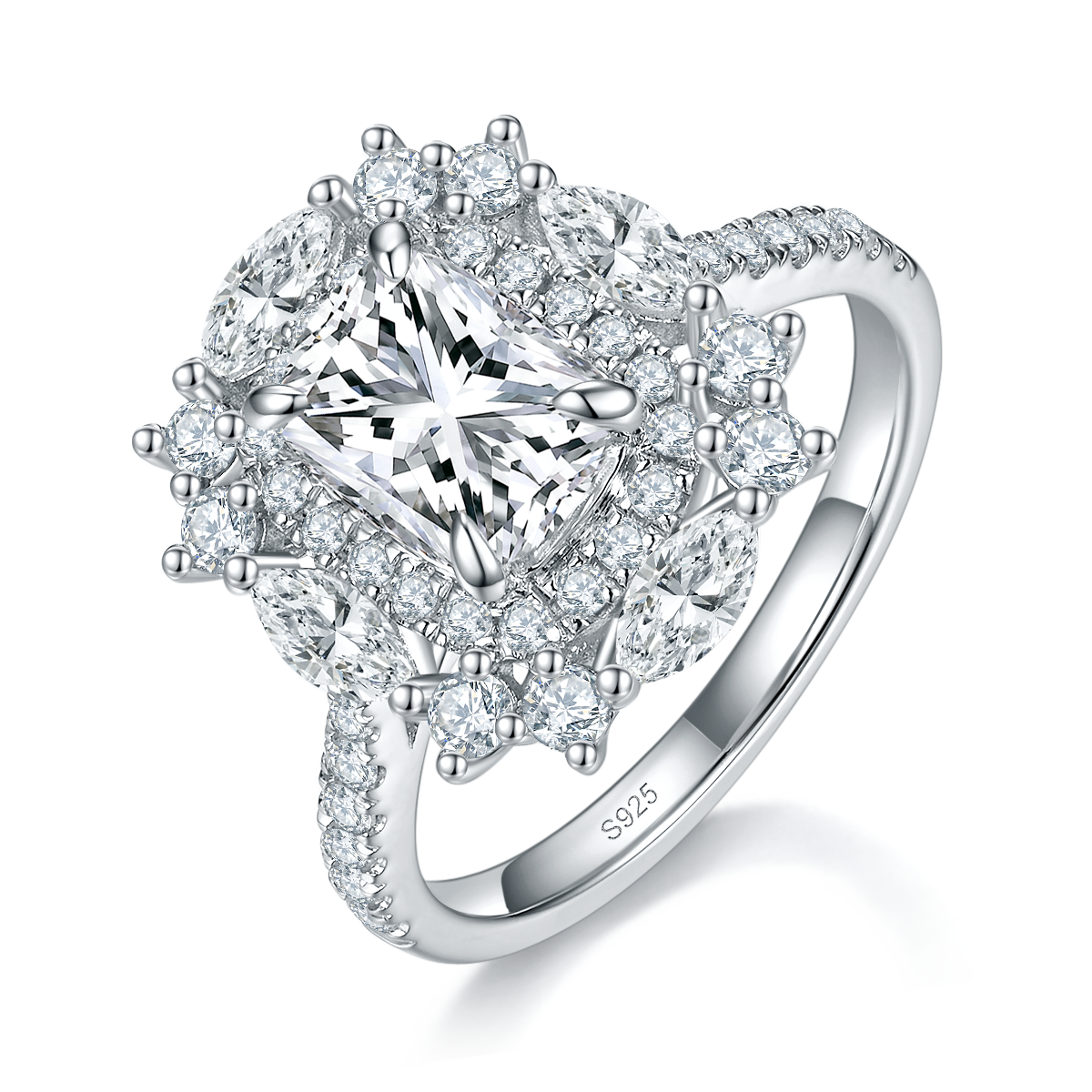 Noble and Luxurious Proposal Women's Ring S925 Silver Plated Platinum Customized Selection Main Stone Moissanite 2.0ct/Side Stone Cubic Zirconia