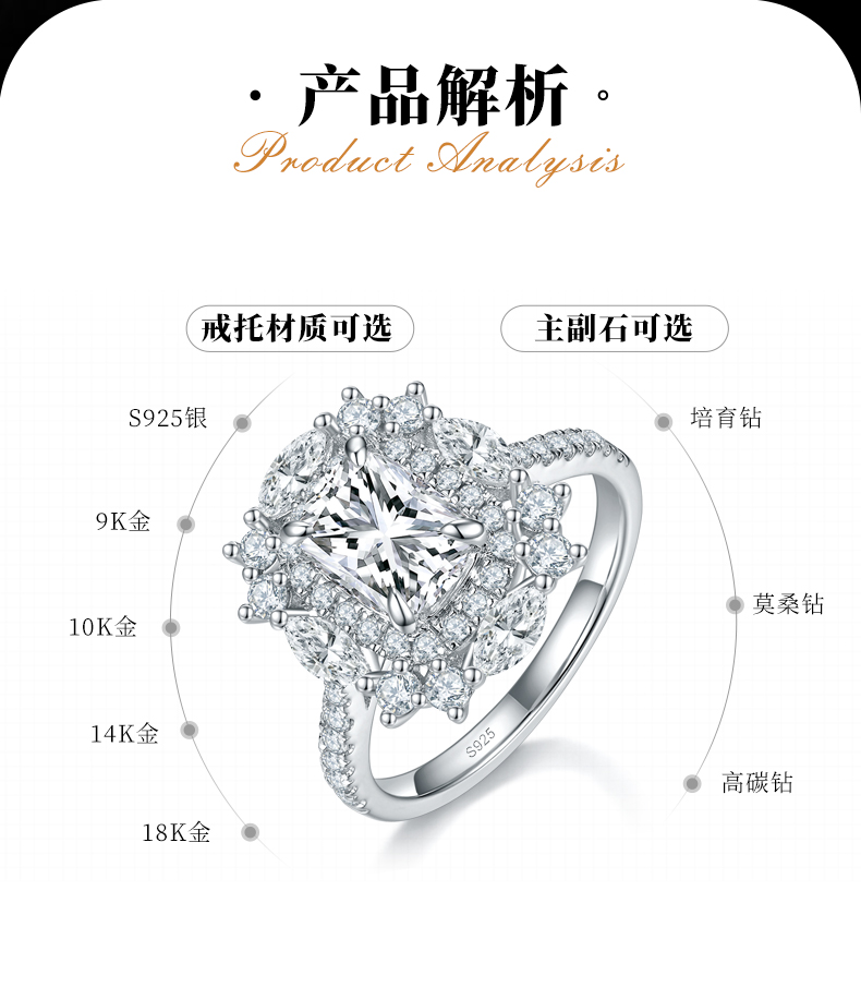 高贵奢华求婚女戒S925银镀白金定制选款主石莫桑钻2.0ct/副石高碳钻 - 2