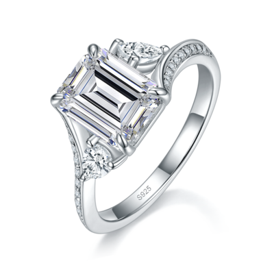 扭臂方钻女戒订婚戒指S925银镀白金定制选款主石莫桑钻3.0ct/副石高碳钻